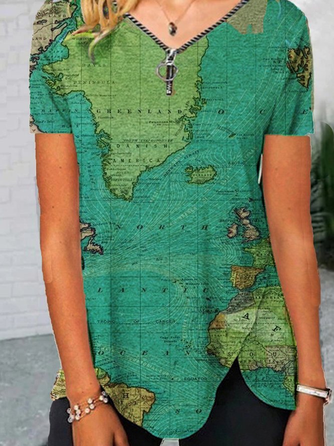 Short Sleeve Crew Neck Casual Map Tops