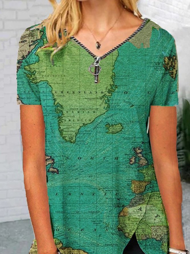 Short Sleeve Crew Neck Casual Map Tops