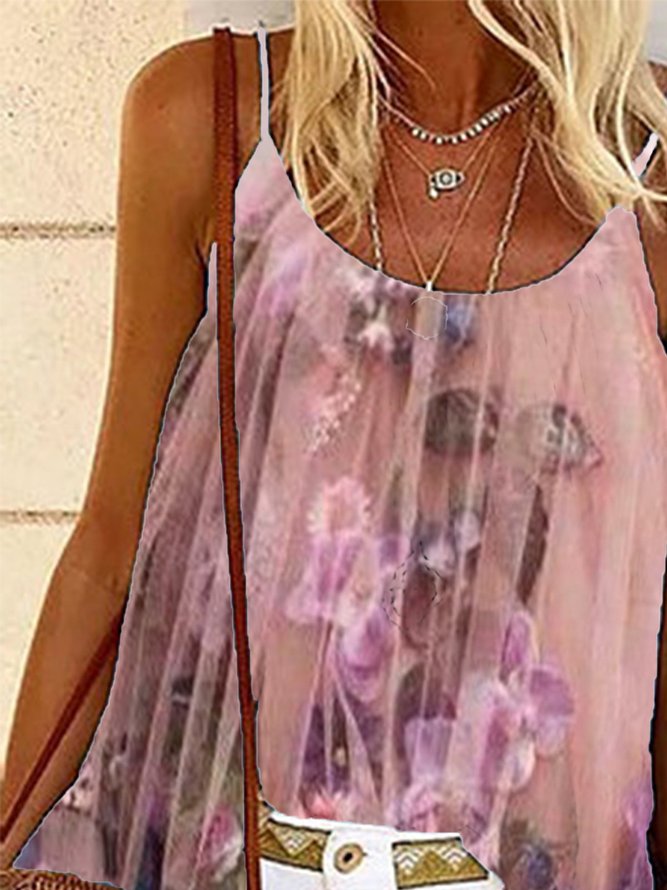 Romantic Floral-Print A-Line Sleeveless Tops