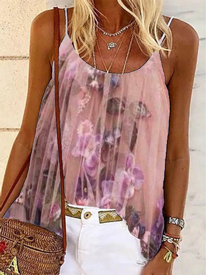 Romantic Floral-Print A-Line Sleeveless Tops
