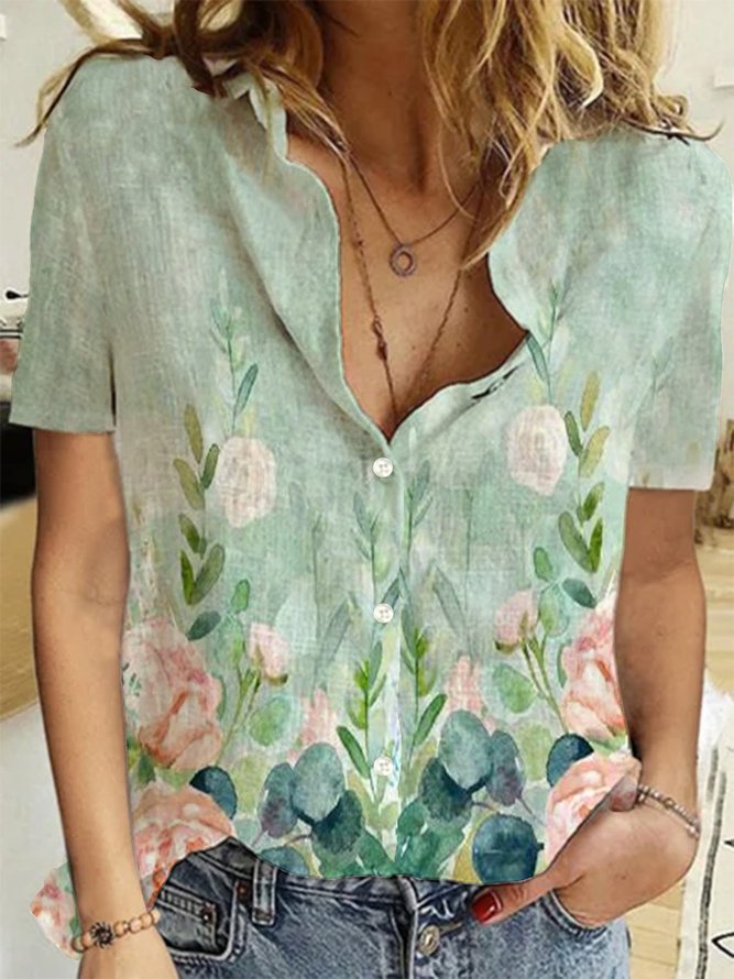 Casual Short Sleeve Floral Blouse