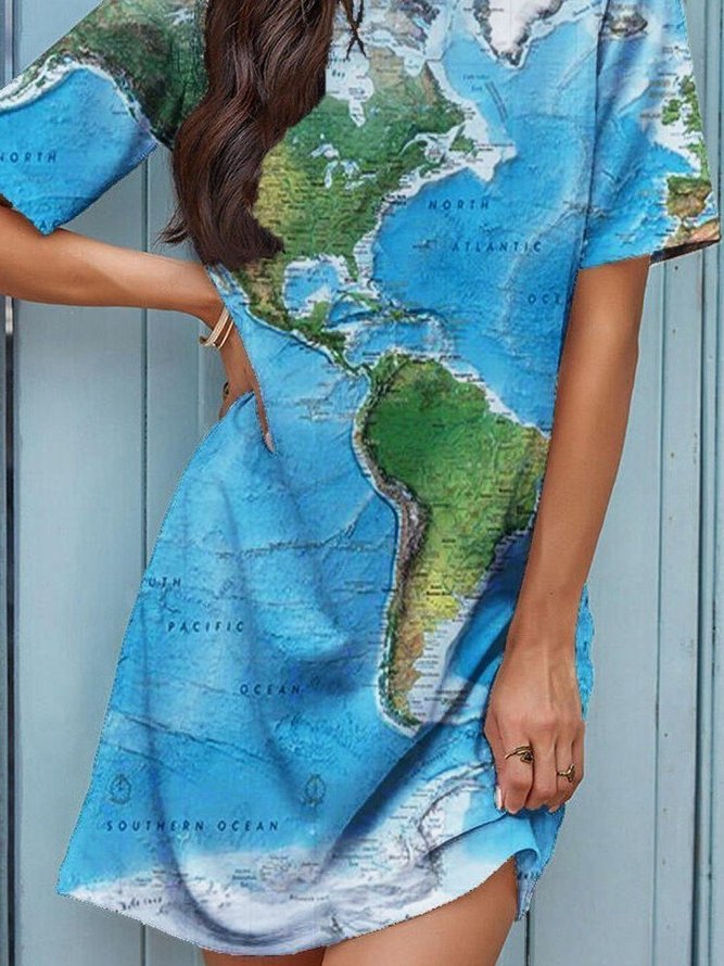 Casual Map Printed Short Sleeve Weaving Dress