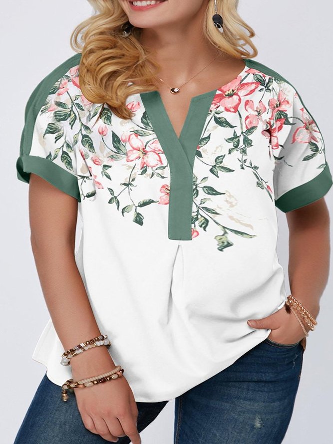 Crew Neck A-Line Floral Short Sleeve Tops