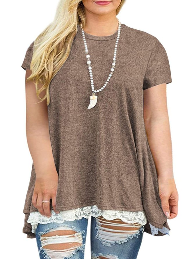 Women Plus Size XL-5XL Lace Short Sleeve A-Line Tunics Top Blouse Shirt