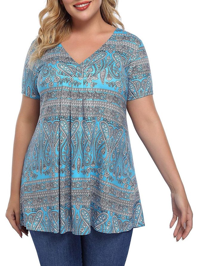 Women Plus Size L-6XL Pleated Henley Tops  V-Neck Loose Blouse Casual Tunic Shirt