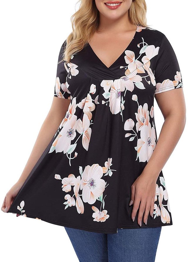 Women Plus Size Pleated Henley Tops Floral V-Neck Loose Blouse Casual Tunic Shirt