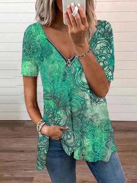 V neck Short Sleeve Printed Casual Tops