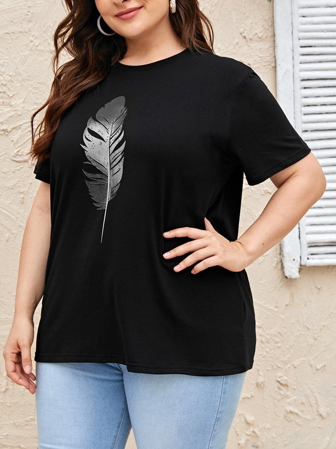 Feather Print Pattern Short Sleeve Casual Cotton Crew Neck T-shirt