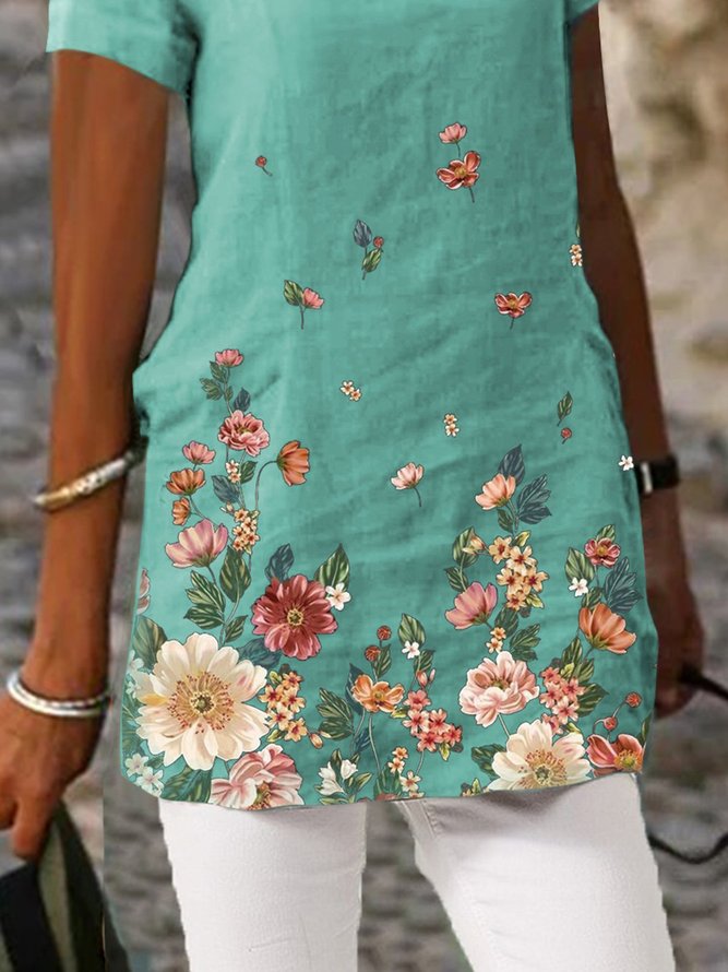 Summer Leisure Plants Loose Floral  Short Sleeve Casual Tops
