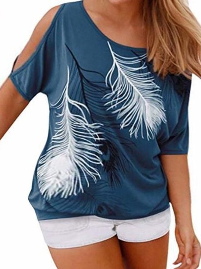 multicolor choice crew neck short sleeve feather patterns shift Tops