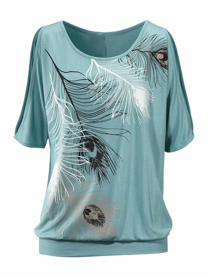 multicolor choice crew neck short sleeve feather patterns shift Tops