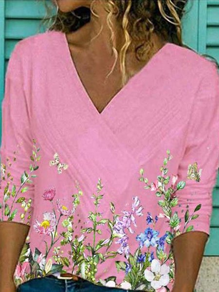 V Neck Long Sleeve Cotton-Blend Floral-Print T-shirt