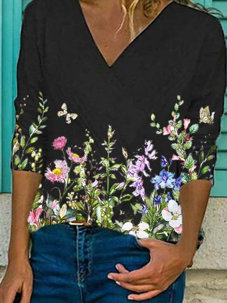 Floral-Print Long Sleeve Casual Tops