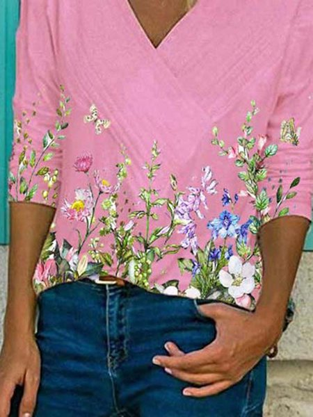 V Neck Long Sleeve Cotton-Blend Floral-Print T-shirt