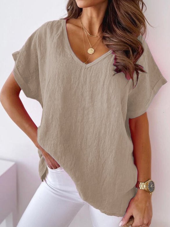 Casual Cotton-Blend Short Sleeve Shirt & Top