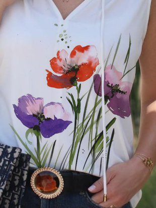 Casual simple floral print sleeveless V-neck T-shirt