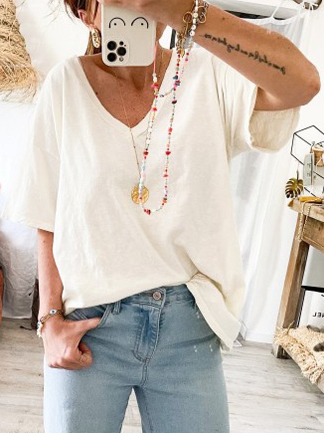 Casual Cotton-Blend Solid Short Sleeve T-shirt