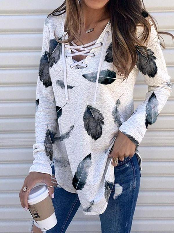 V Neck Long Sleeve Cotton-Blend Lace-Up Shirts & Tops