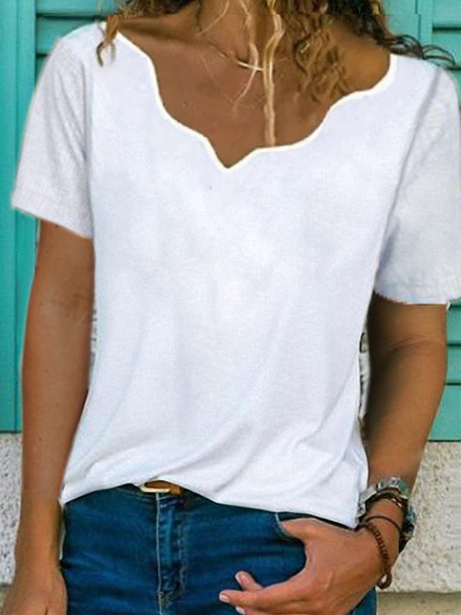 V Neck Short Sleeve Solid Casual T-shirt