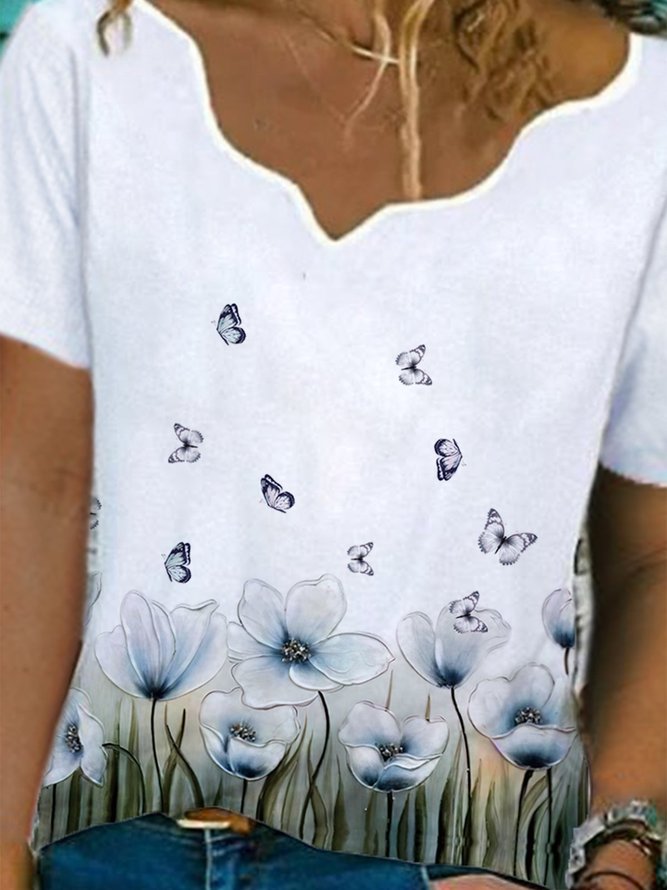 Vintage V Neck Floral Butterfly Short Sleeve Shirts & Tops