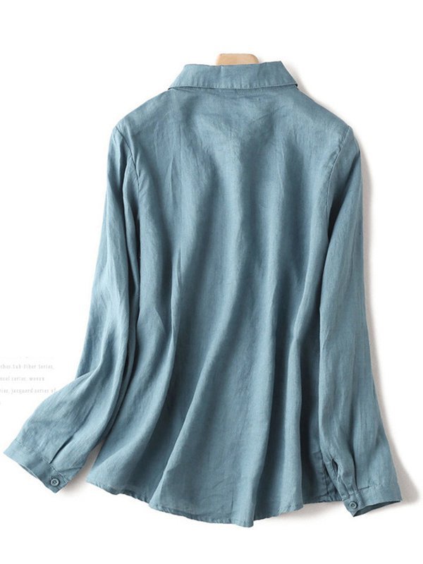 Casual and simple cotton and linen embroidery long-sleeved ladies shirt