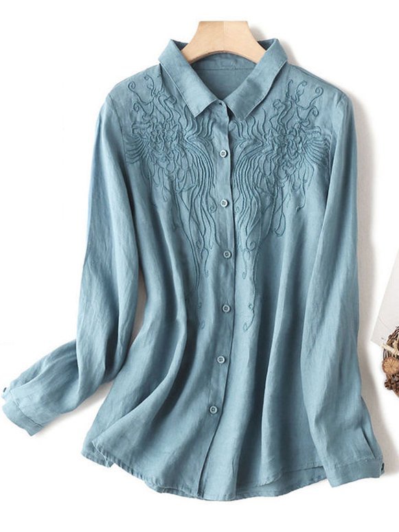 Casual and simple cotton and linen embroidery long-sleeved ladies shirt