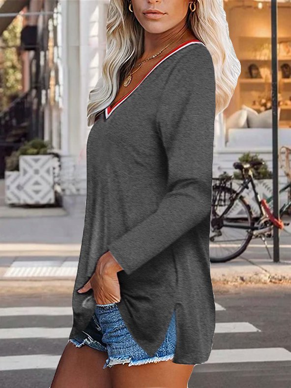 Casual and simple basic V-neck long-sleeved top