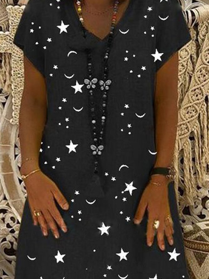 Vintage Star Moon Printed Casual V Neck Short Sleeve  Dress