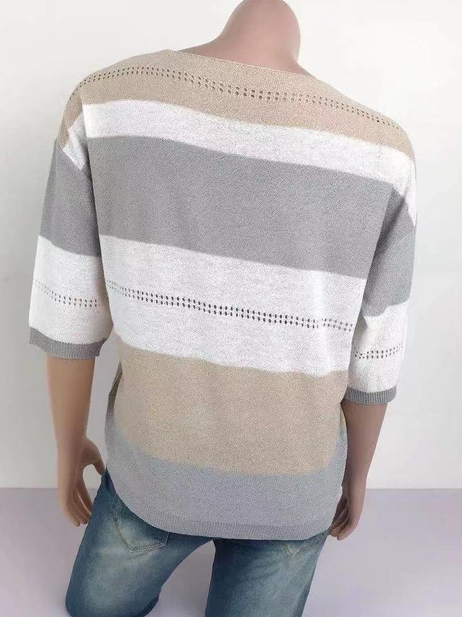 3/4 Sleeve Geometric Cotton-Blend Sweater