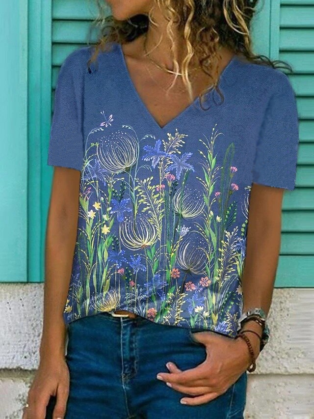 Short Sleeve V Neck Cotton-Blend Floral Printed T-shirt