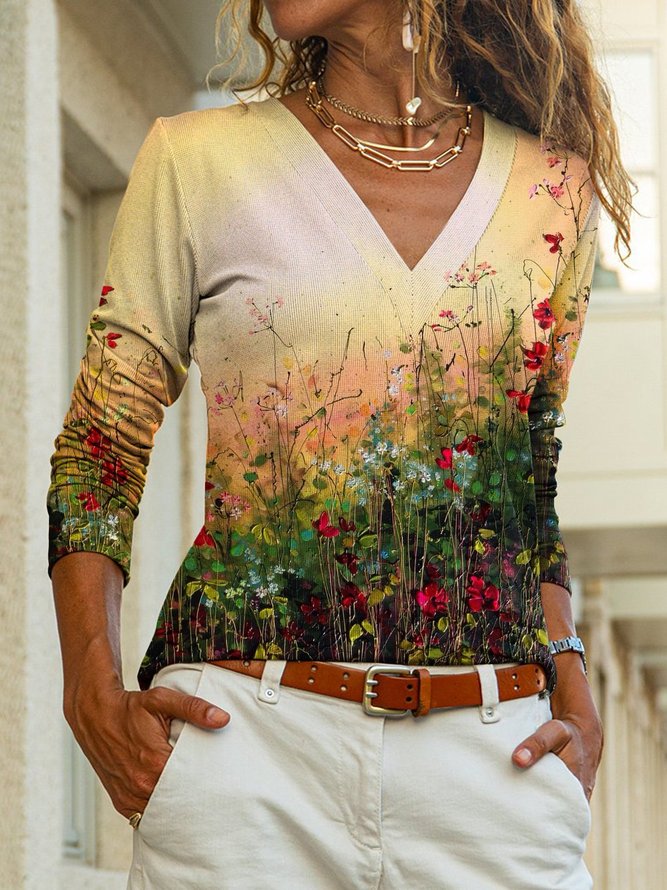 Long Sleeve Casual Cotton-Blend V Neck Shirts & Tops