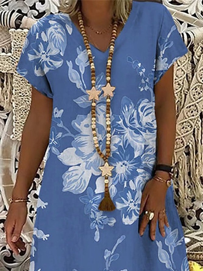 Women's Knee Blue Short Sleeve Floral Print Print Summer V Neck Casual Weaving Dress