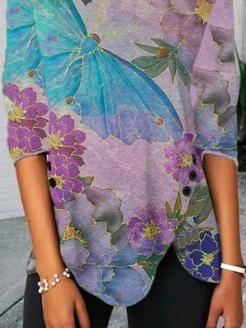 Casual vacation Butterfly Print Long Sleeve  Shirt & Top