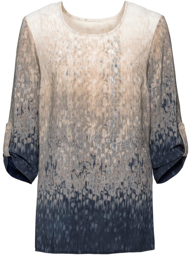 Casual and simple gradient color printing  U-neck three-quarter sleeve polyester top