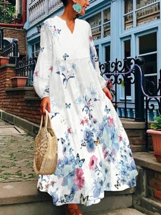 Vintage Floral Casual Long Sleeve Dress