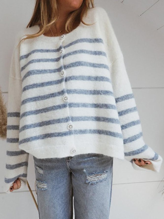 Front Button Placket Square Neck Long Sleeve Striped Sweater