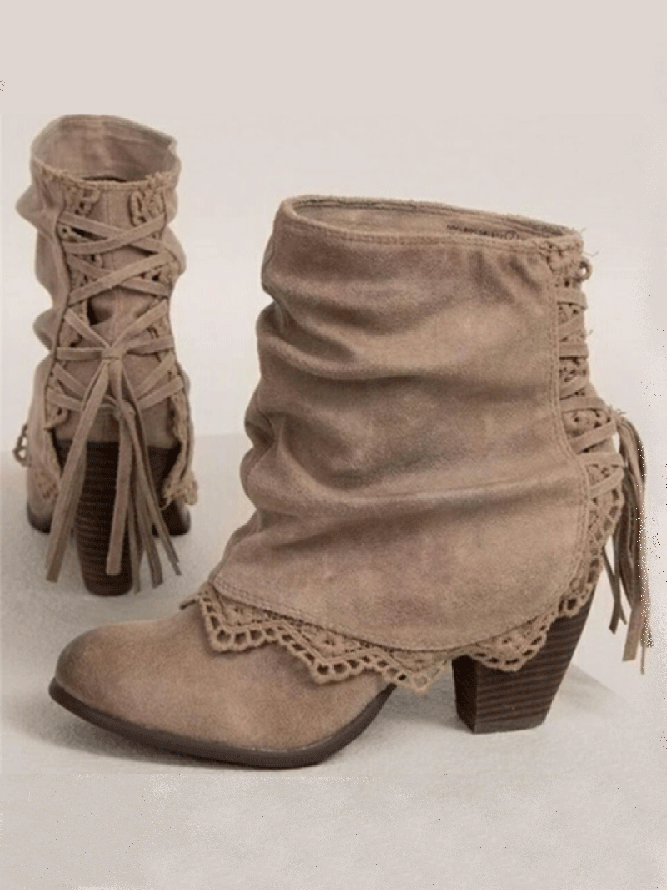 Vintage Lace Flanging Casual Fringed Short Boots
