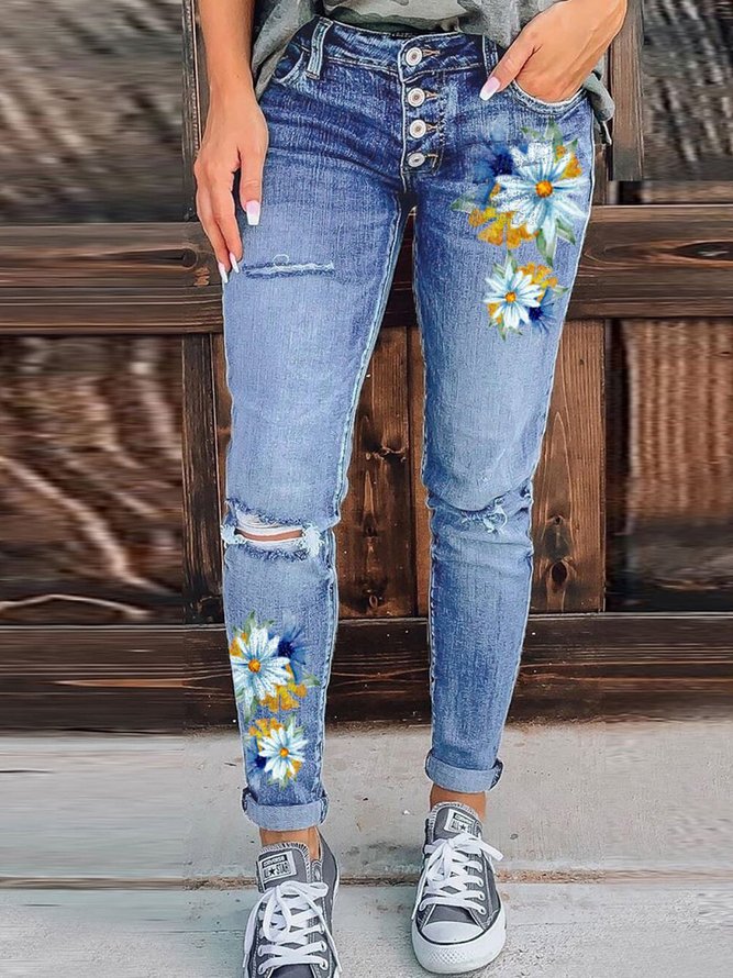 Printed Denim Floral Jeans