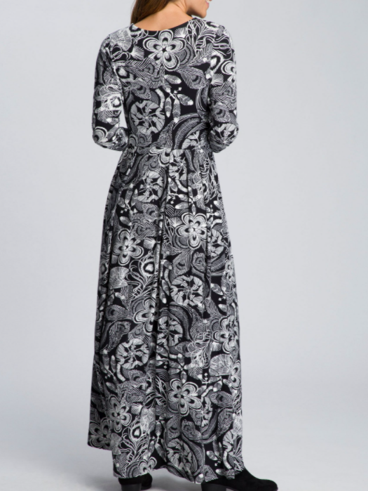 Casual and simple floral print round neck long sleeve polyester maxi dress
