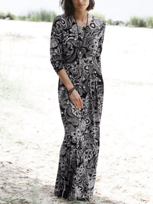 Casual and simple floral print round neck long sleeve polyester maxi dress