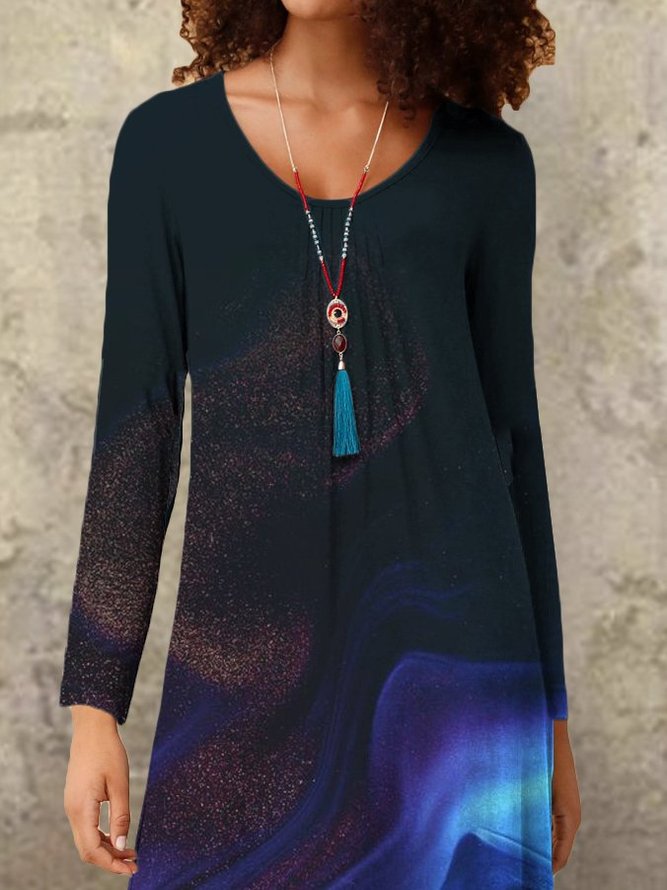 Casual and simple gradient color printing round neck long-sleeved polyester-cotton maxi dress