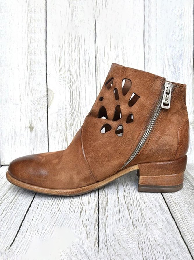 Vintage Rubbed Faux Leather Hollow Ankle Boots