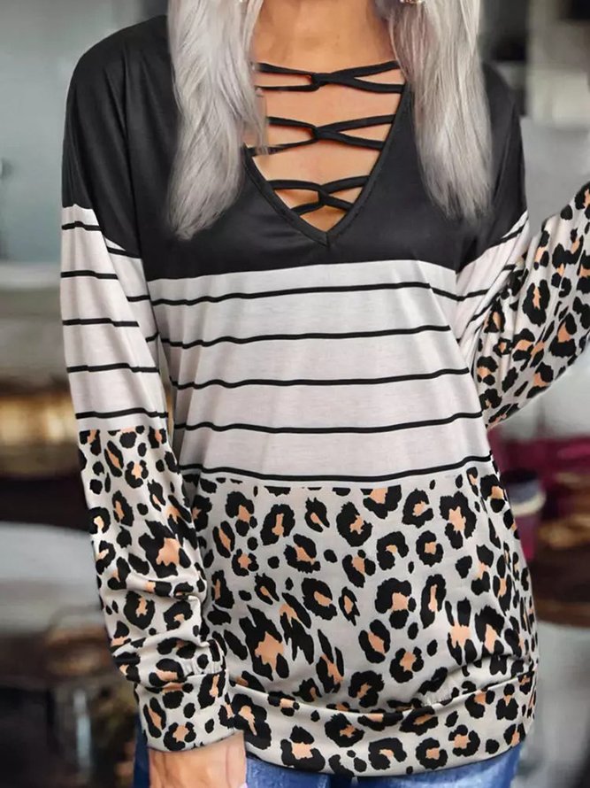 Vintage Striped Leopard Long Sleeve Jersey Shirts & Tops