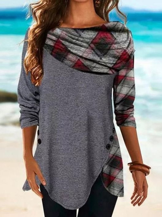 Cotton-Blend Shift Cowl Neck Casual Shirts & Tops