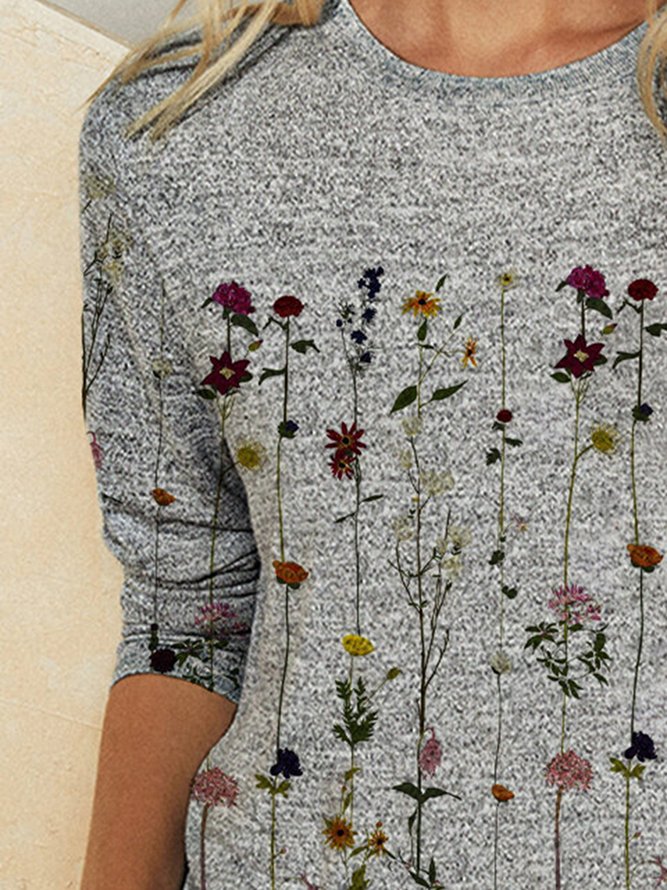 Women's Casual Style Floral Crew Neck Long Sleeve T-shirt