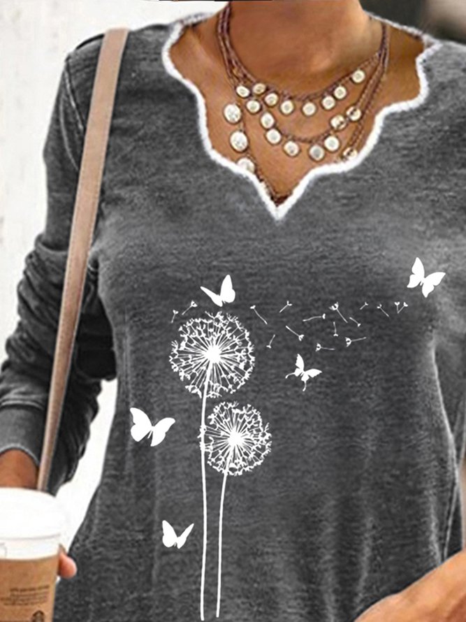 Floral Long Sleeve Cotton-Blend Shift Shirt & Top