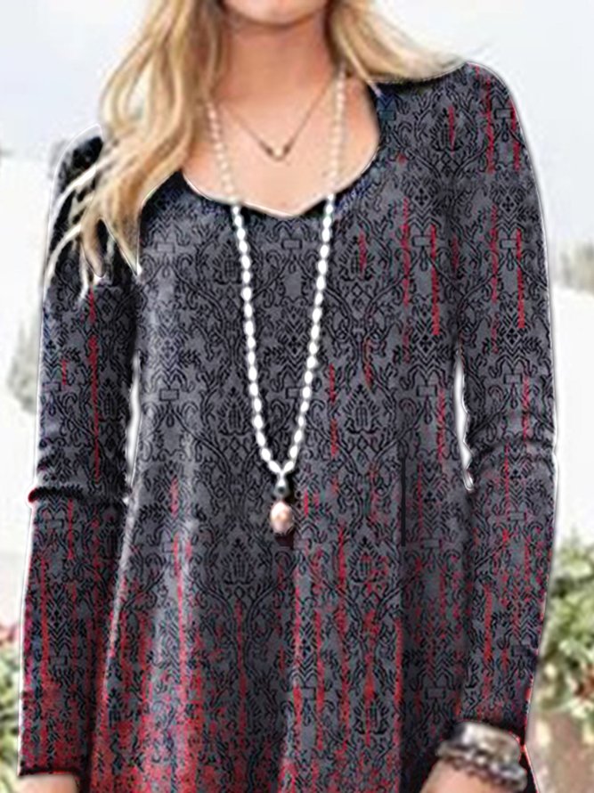Casual Cotton-Blend Tribal Long Sleeve Dresses