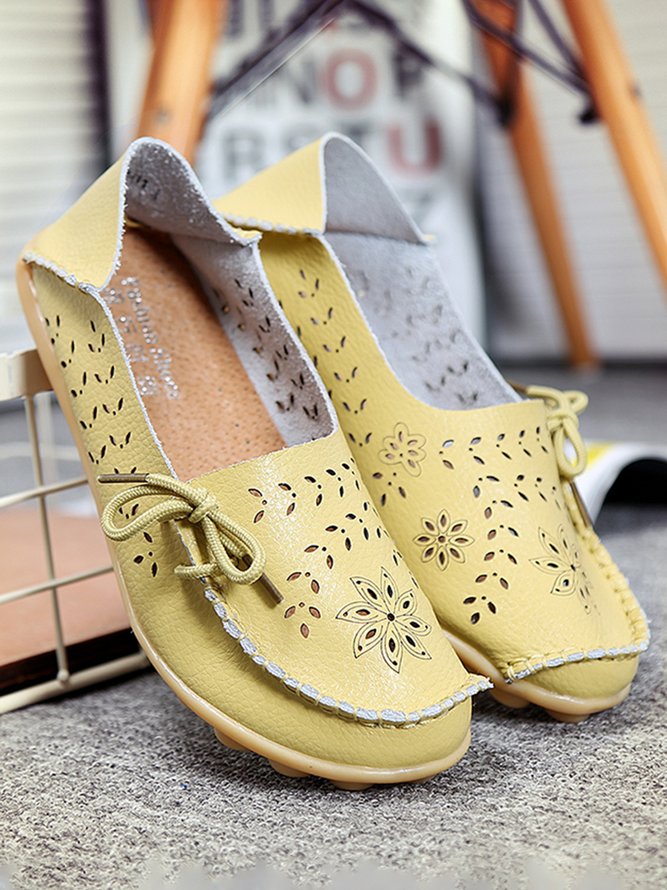 Cowhide Hollow Lace-up Casual Flat Shoes