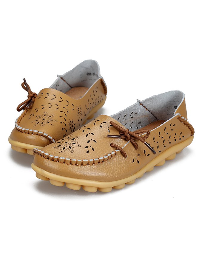 Cowhide Hollow Lace-up Casual Flat Shoes