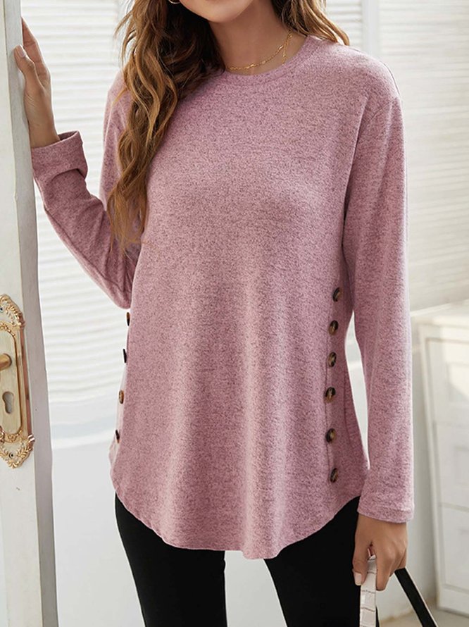 Casual Plain Buttoned Round Neck Long Sleeve Top